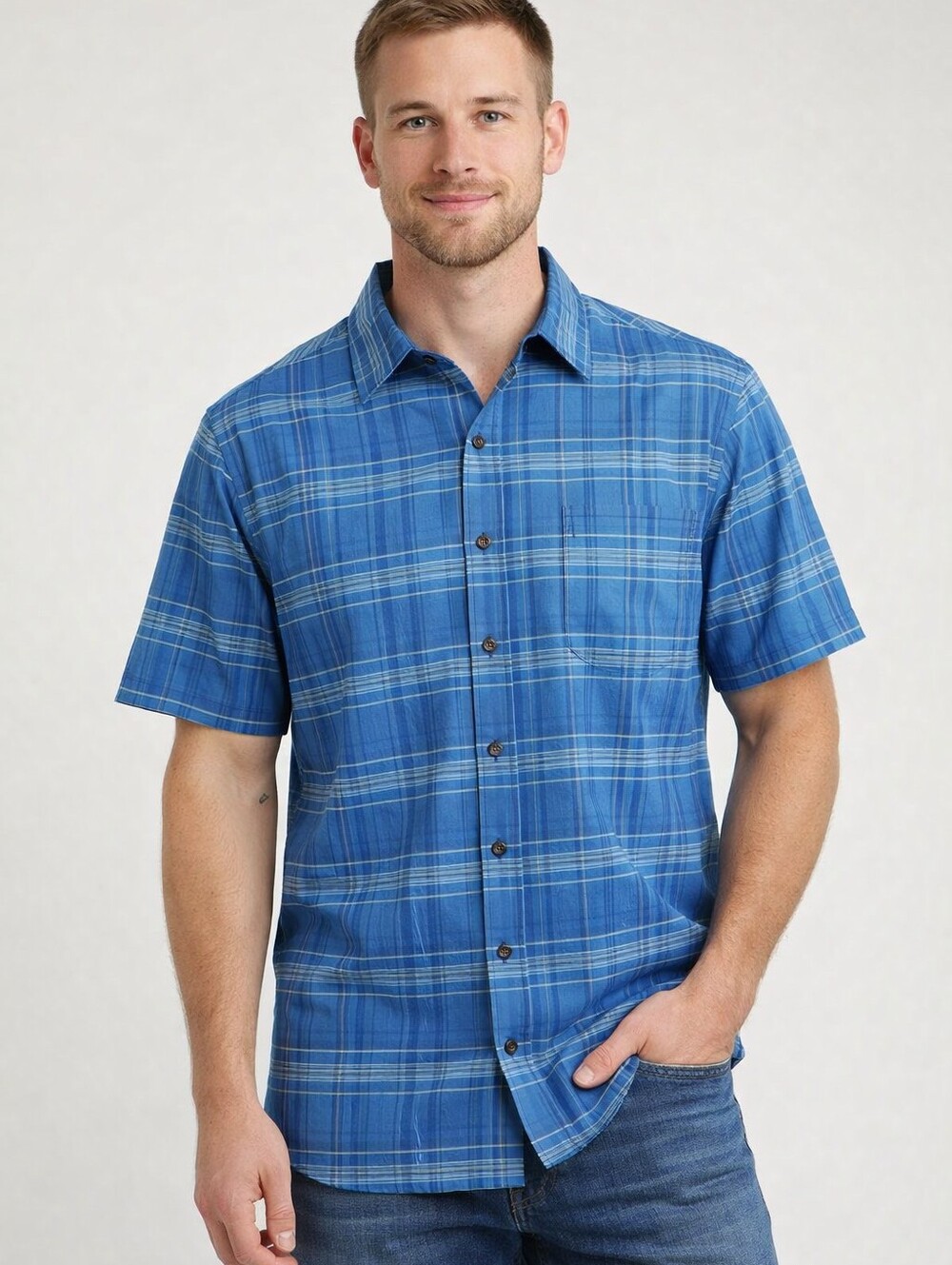 Oakley Shirt Mens Large Blue Plaid 100% Cotton Short Sleeve Button Up Outdoor